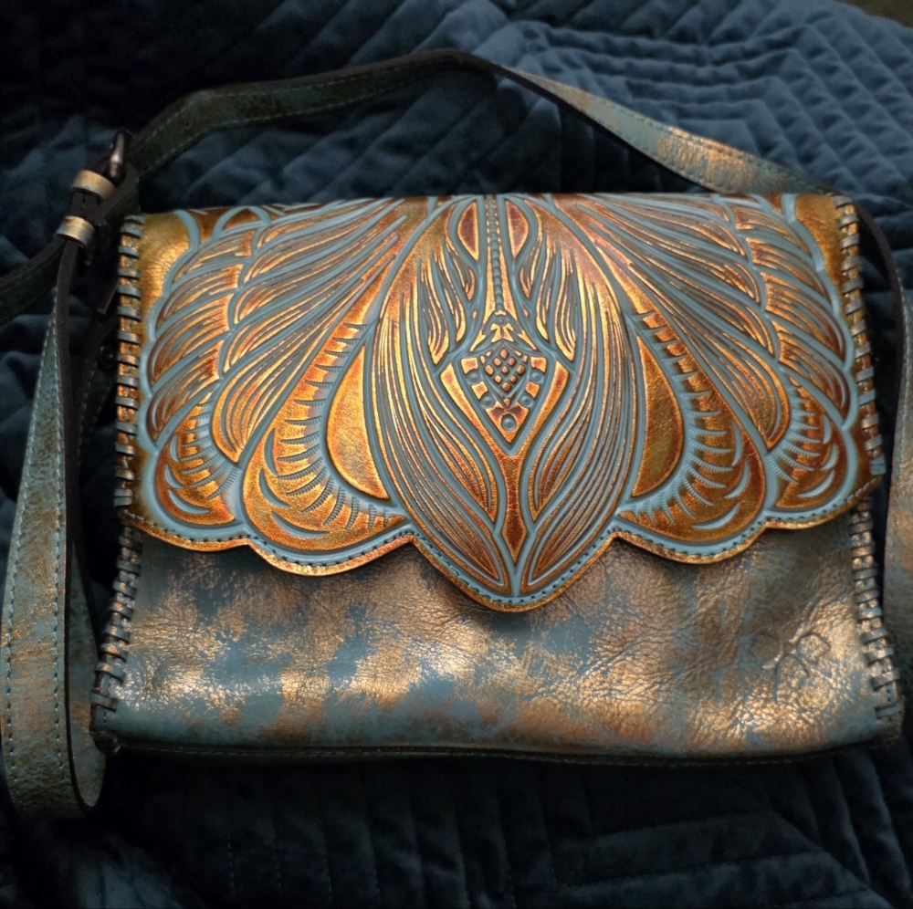 Patricia Nash Teal and Gold Hand-Tooled Leather Crossbody